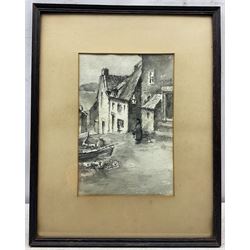 James Ulric Walmsley (British 1860-1954): 'South View Robin Hood's Bay', probably King Street, watercolour en grisailles signed, titled on original label verso with artist's address 'The Studio, Robin Hood's Bay' 26cm x 17.5cm