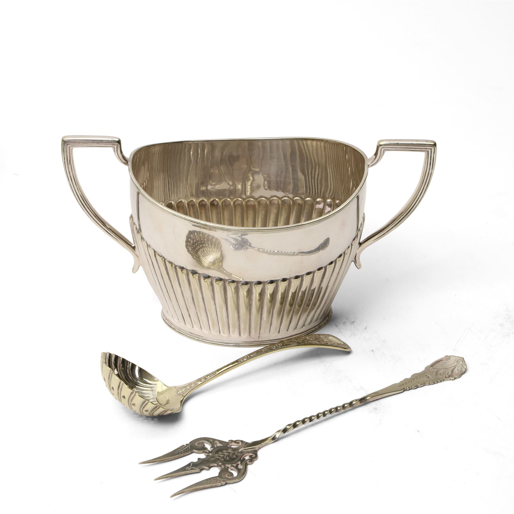 Silver plated items including chafing dish with revolving cover, circular salver, small hip flask, snuffing scissors, milk jug, sugar bowl etc