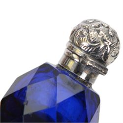 Late 19th century blue faceted glass double ended scent bottle, with embossed silver caps, L7cm