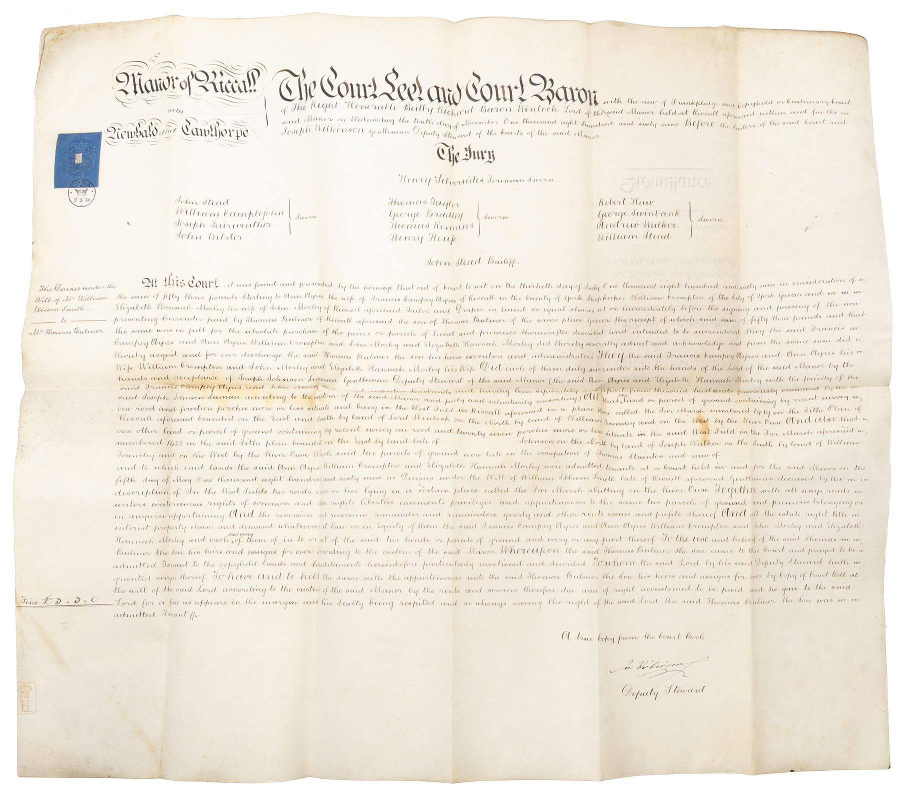 Yorkshire manorial interest - collection of 18th and 19th century vellum and paper court copyhold, admittance, surrender and lease documents relating to the Manor of Dunnington and Dunnington Hall, the Manor of Riccall with Newbald and Cawthorpe, and the Manor of North Duffield with the Members, together with similar documents for Warthorpe Hall, Allerthorpe Hall, Murton and surrounding areas, many retaining original seals, in one box