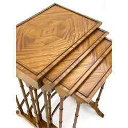 Edwardian satinwood quartetto nest of occasional tables, each top with quarter matched veneers and raised cockbead gallery, collar turned supports on splayed platform feet with stringing