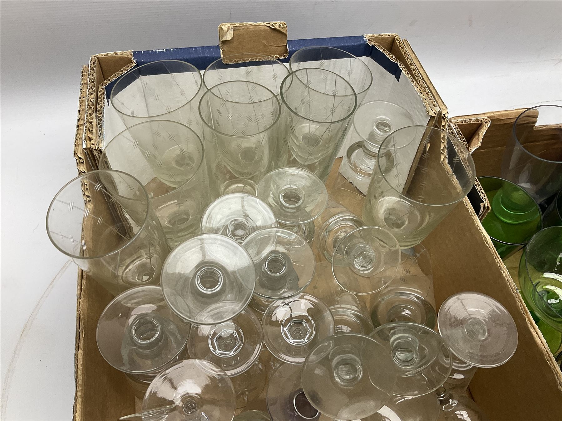 Large collection of glassware to include Schweppes soda syphon, Murano, vases, drinking glasses, coloured glass, cranberry etc in seven boxes