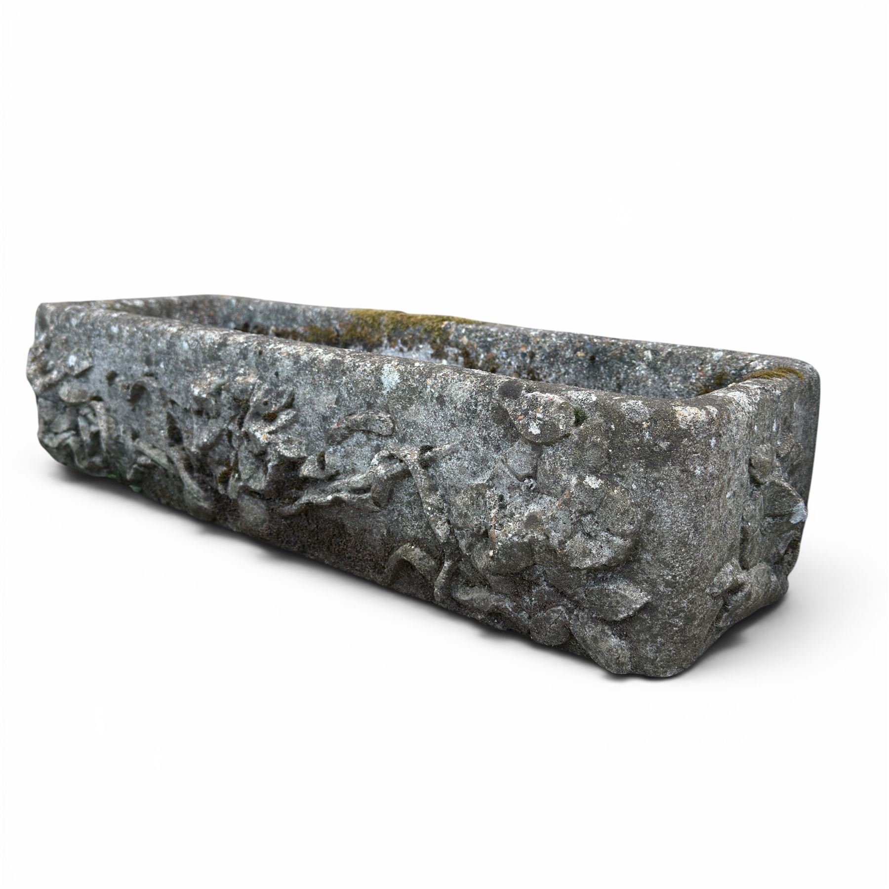 Pair of rectangular weathered cast stone planters, ornate moulded detail