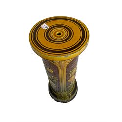 Late 19th Century green and brown glazed majolica jardinière stand, decorated with stylised flowers and foliage in yellow, H77cm