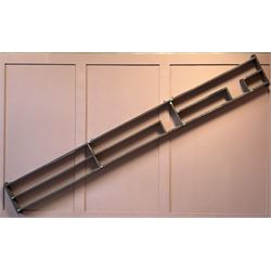 Large teak science lab wall hanging shelf of A-symmetrical form, mid 20th century. L412cm,...