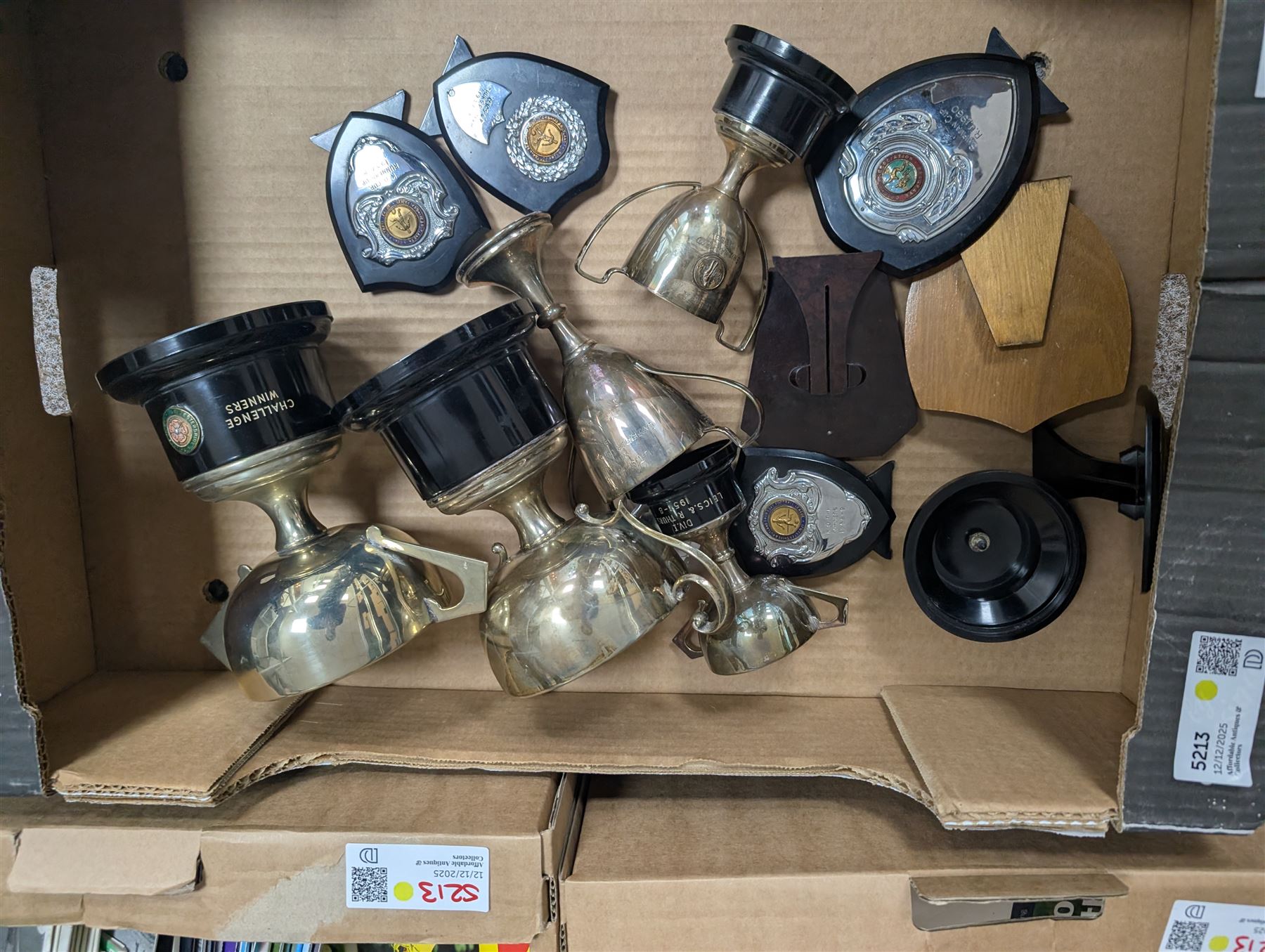 1950s and later cricket and football trophy cups and plaques, including six 1950s Leicester & Rutland Football League and Challenge Cup silver plated trophy cups and plaques, from the estate of former Leicester City player Colin Appleton, LT Shipman's CC Winners Carpenter Cup & Shipman Cup 1954 trophy, Shipman's Cup 1956 and The Filbert's Winners 1956 SWBCC plaque, together with a collection of 1950s and later football magazines, including North West Soccer Coaching, FA News, Football Association Insight Coaching, The Referee's Association, Sport & Recreation, Shoot, Goal, World Soccer, Netstretcher, etc