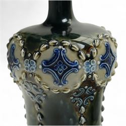 Pair of Royal Doulton stoneware vases, of baluster form with bulbous neck, with trailing white flowers and blue panel decoration, impressed mark and signature to base, 26cm (2)