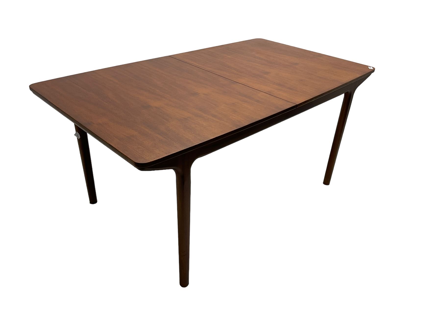 Tom Robertson for AH McIntosh & Co of Kirkaldy - mid-20th century teak extending dining table, rectangular top with rounded corners, concealed integrated double leaf, raised on tapered supports, metal label to underside of leaf