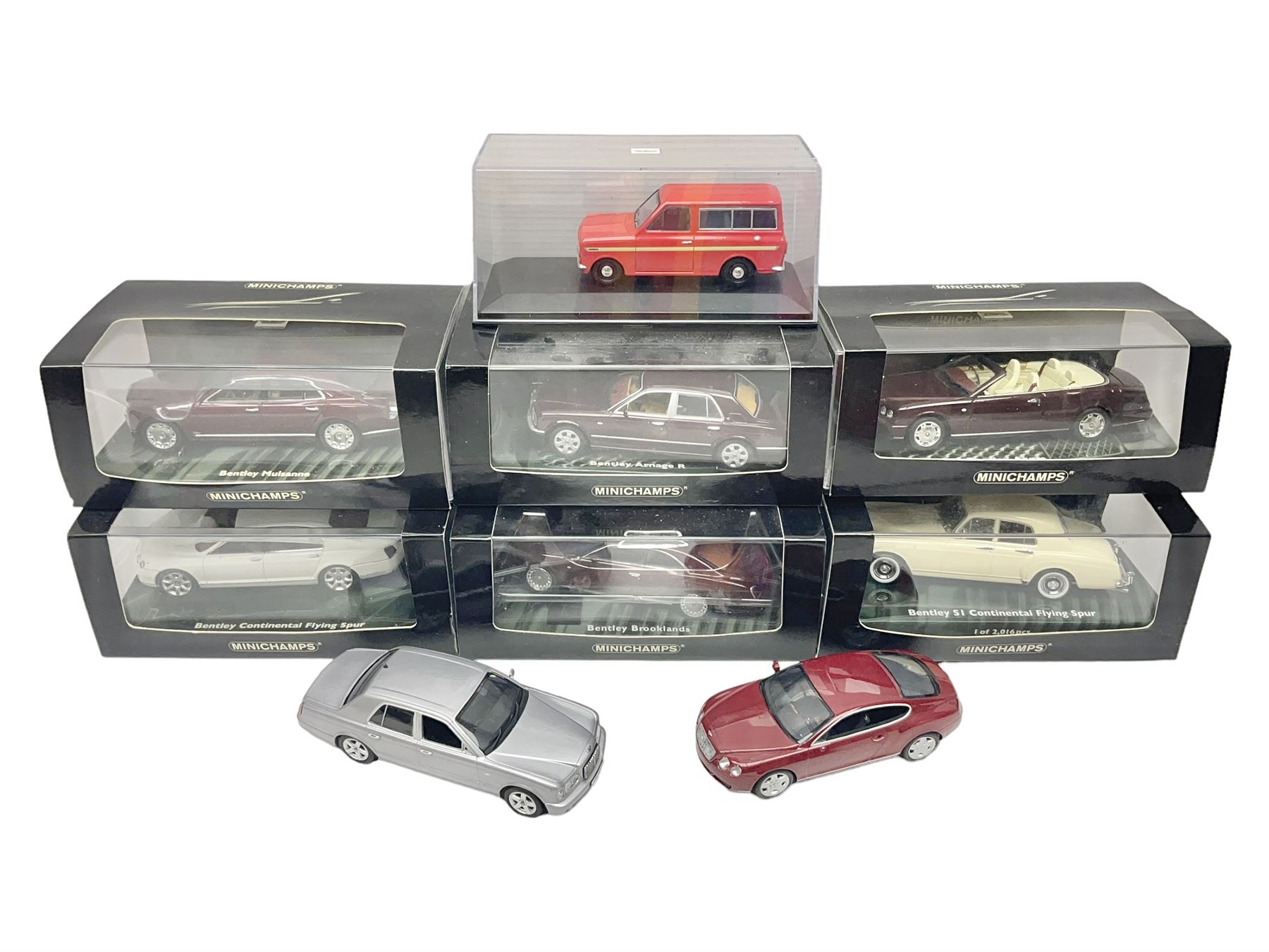 Nine Paul's Model Art 'Minichamps' 1:43 scale die-cast models - six boxed Bentleys and two unboxed Bentleys; and a Bedford estate van (9)