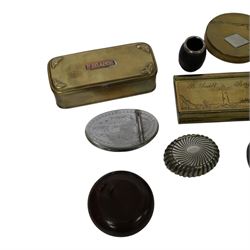 Collection of tobacco boxes and similar, including brass examples, together with match holder with silver collar, ashtray etc  