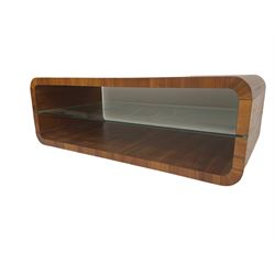 Contemporary walnut coffee table, curved rectangular form, fitted with central glass shelf
