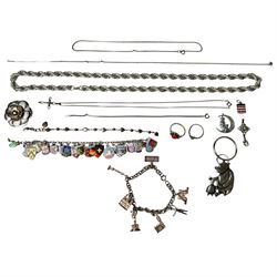 9ct gold stone set ring and silver enamel town badge charm bracelet, cross pendant, ring a...