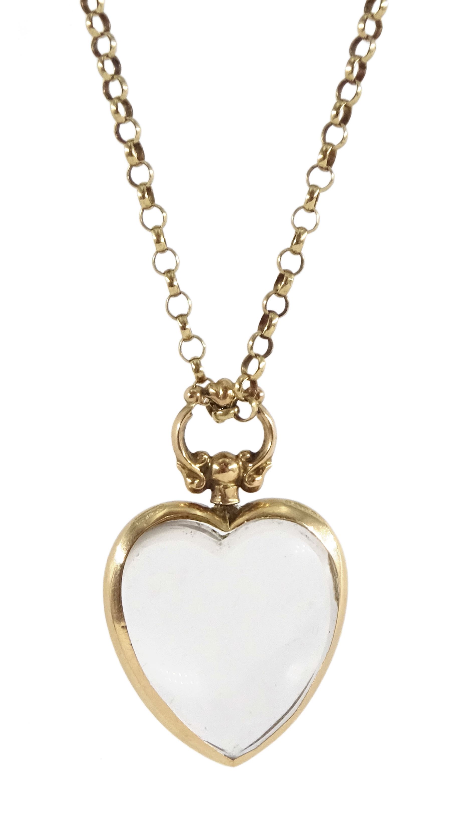 Edwardian 9ct gold glazed heart pendant, Birmingham 1909, on later 9ct gold belcher link necklace, hallmarked
