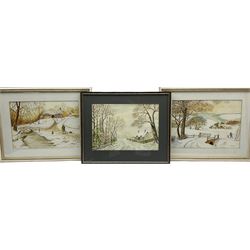 F Bownas (British 20th century): Snowy Winter Landscapes, set three watercolours signed 25cm x 35cm (3)