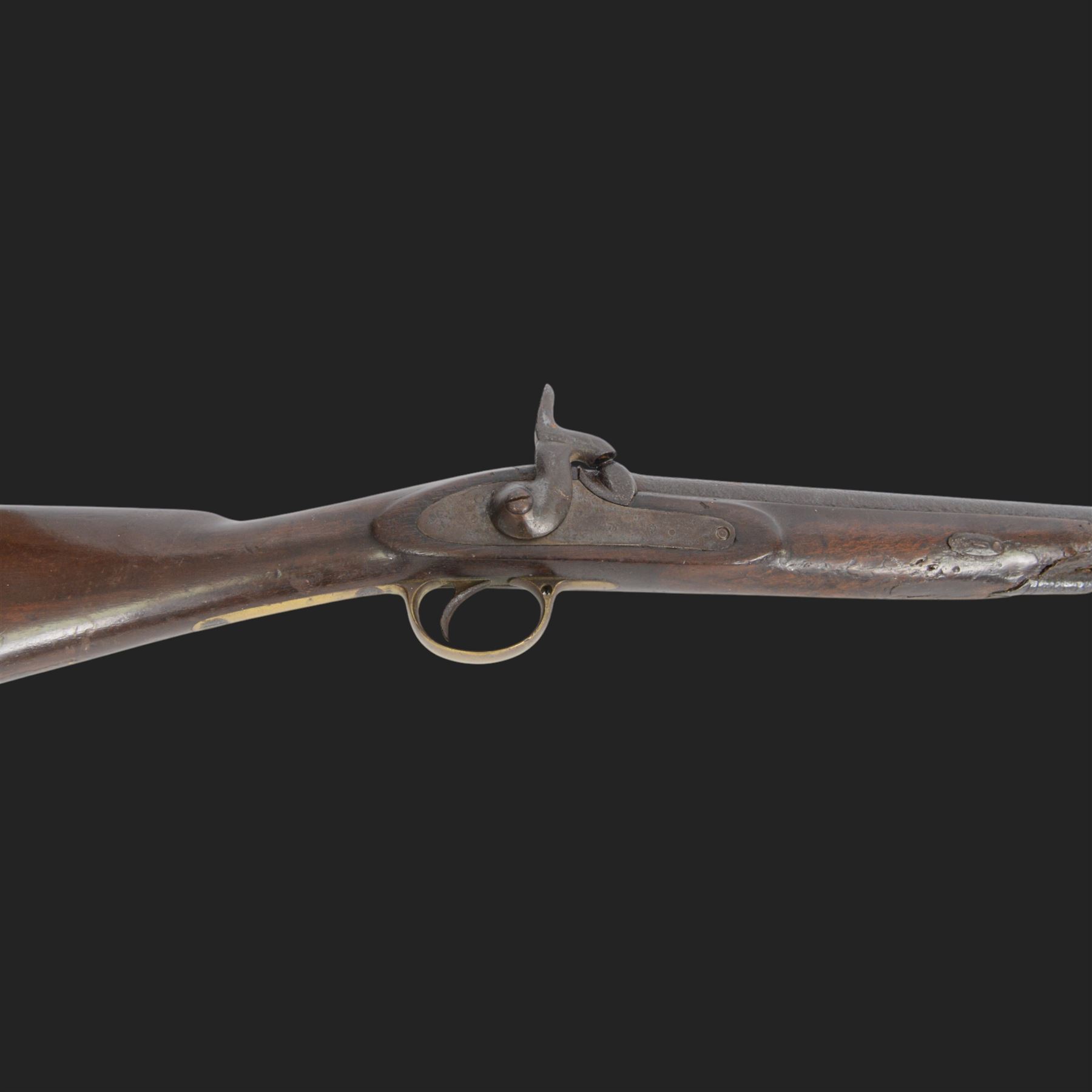 19th century muzzle loading British Naval percussion musket, the 39inch barrel with ramrod beneath, lock marked 1858, stock stamped with brass butt plate, overall L140cm  