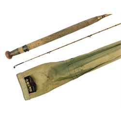 Hardy 'The Sir Edward Grey' two piece split can fishing rod, with cork handle and brass fittings marked Hardys, with a Hardy cover