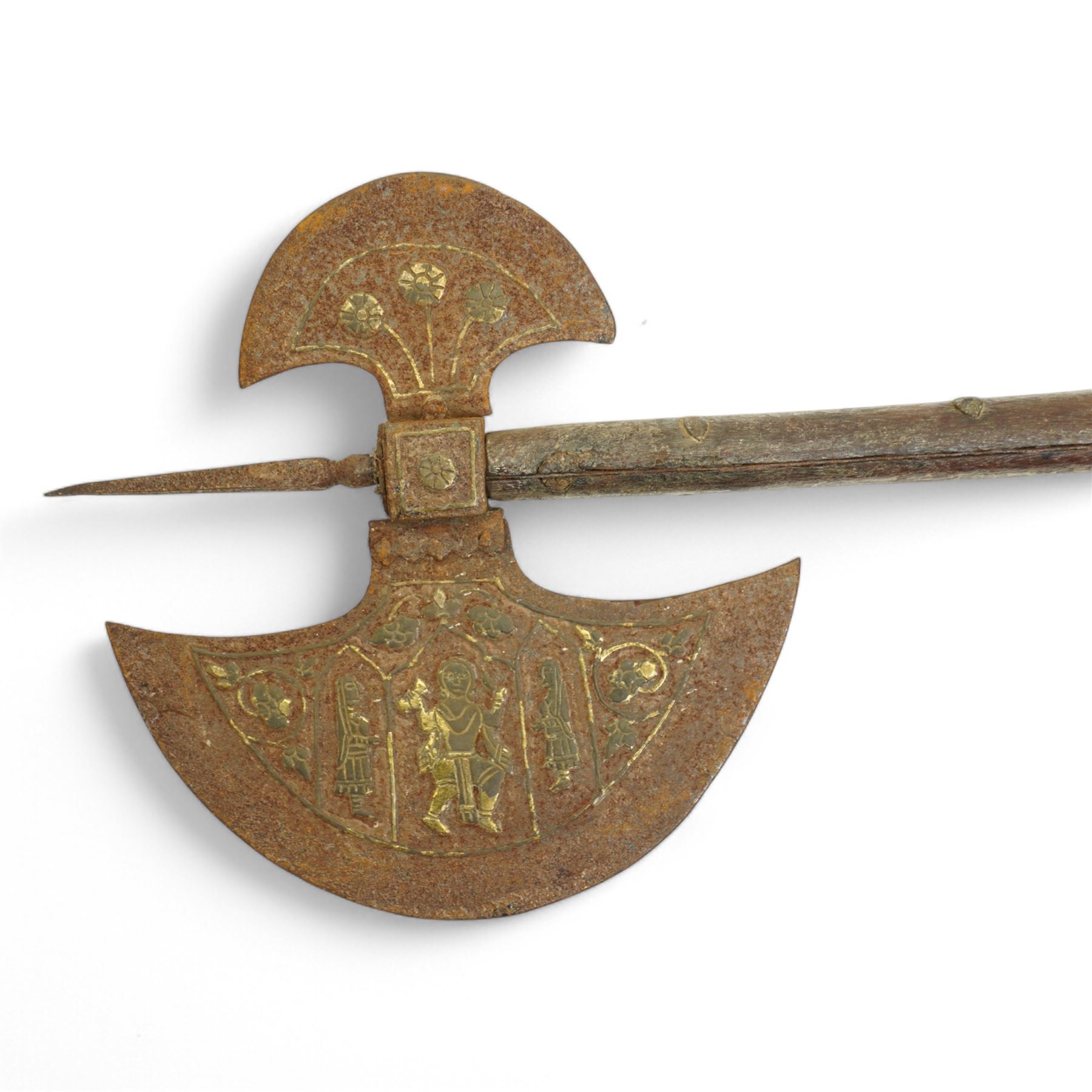 Eastern Ottoman axe with decorated double blade and wooden haft L72cm, dagger with rounded pommell, 19th century sheath knife and an Aboriginal shield decorated with kangaroo etc