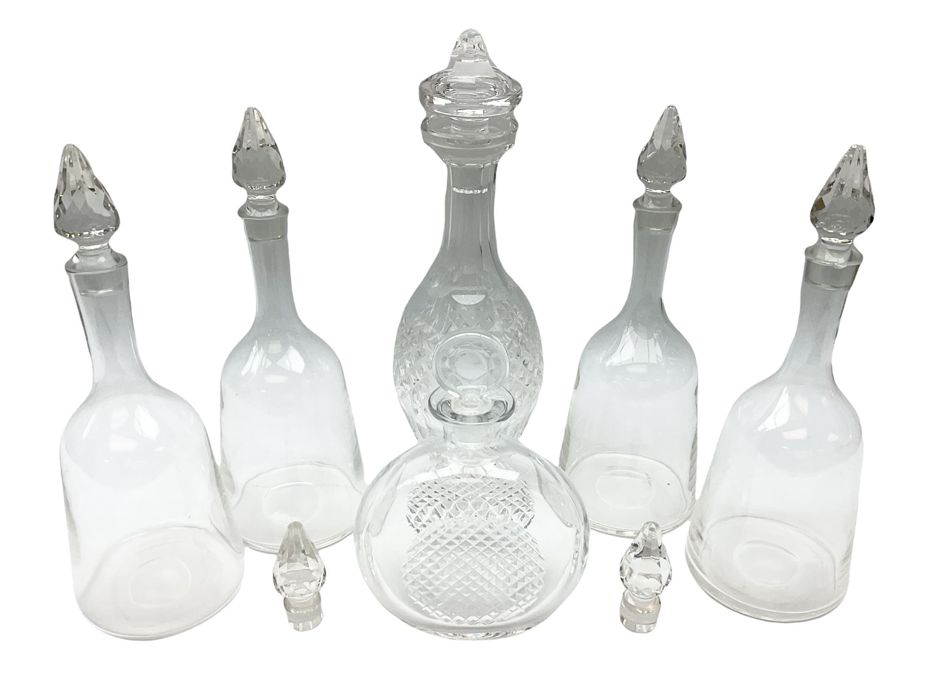 Waterford Crystal Coleen pattern cut glass decanter, together with a set of four plain mallet shaped decanters, and a further decanter of flask form, (6)