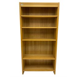 Light oak open bookcase, fitted with five shelves