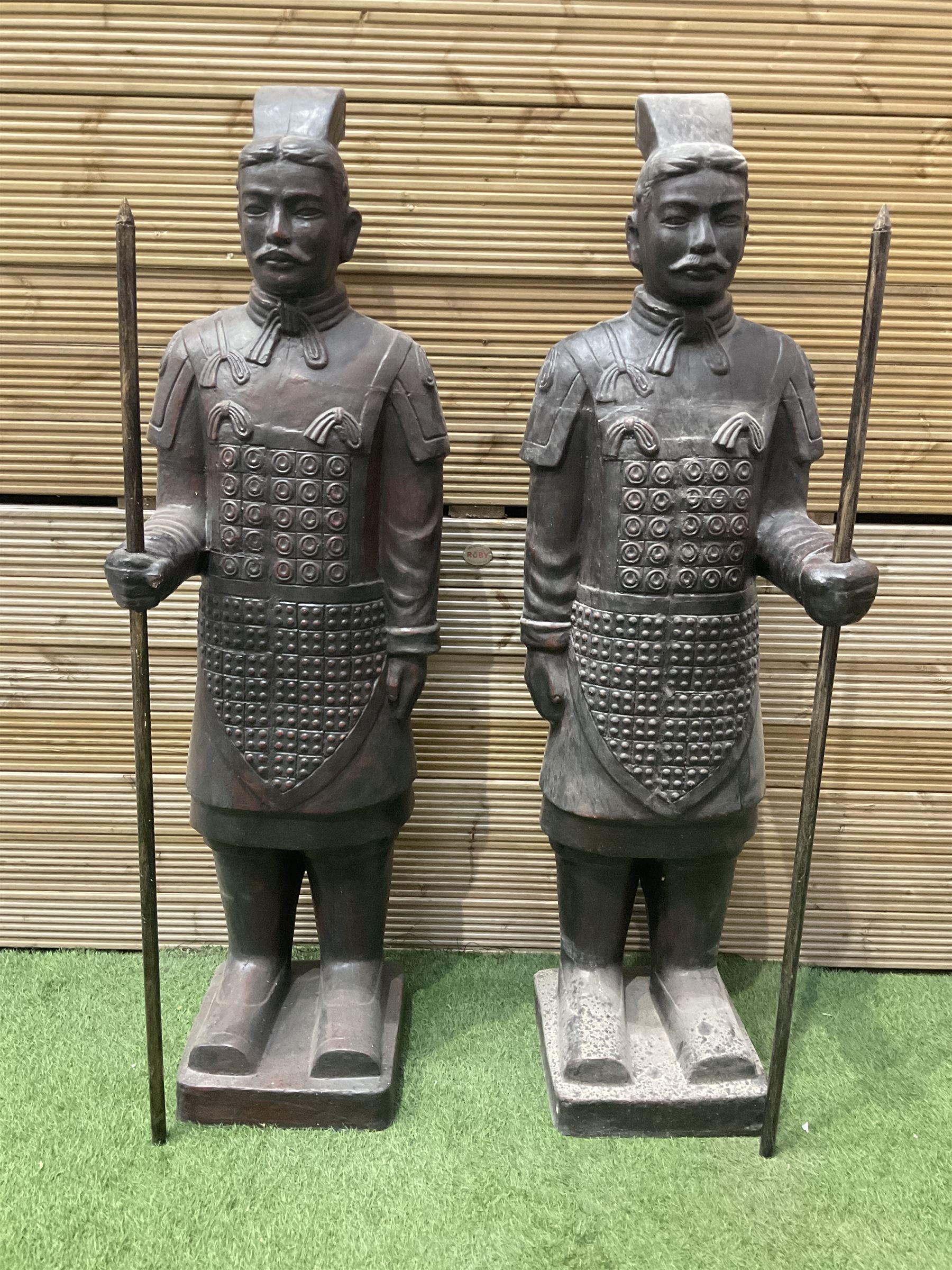 Pair of large terracotta warriors holding a spear (H150cm) - THIS LOT IS TO BE COLLECTED BY APPOINTMENT FROM DUGGLEBY STORAGE, GREAT HILL, EASTFIELD, SCARBOROUGH, YO11 3TX