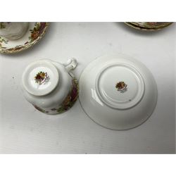 Royal Albert Old Country Roses pattern tea service for six, comprising teapot, sucrier, milk jug, dessert plates, one cake plate, one two tiered cake stand, salt and pepper pots and bud vase 