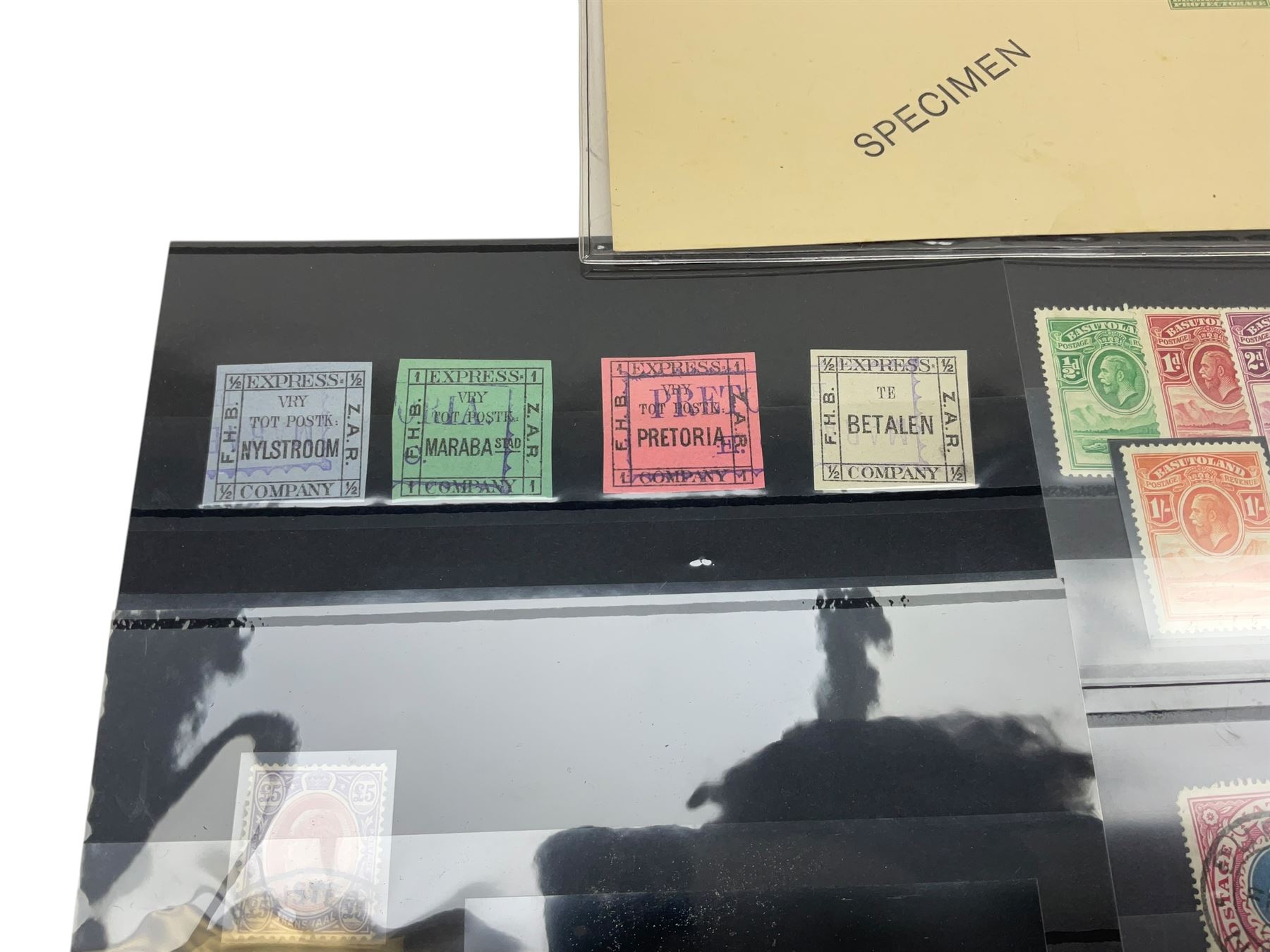 Transvaal King Edward VII 1903 five pounds with 'registered' cancel, Natal King Edward VII 1908/9 one pound, Basutoland King George V 1933 set of ten to ten shillings and other stamps with specimen overprints etc