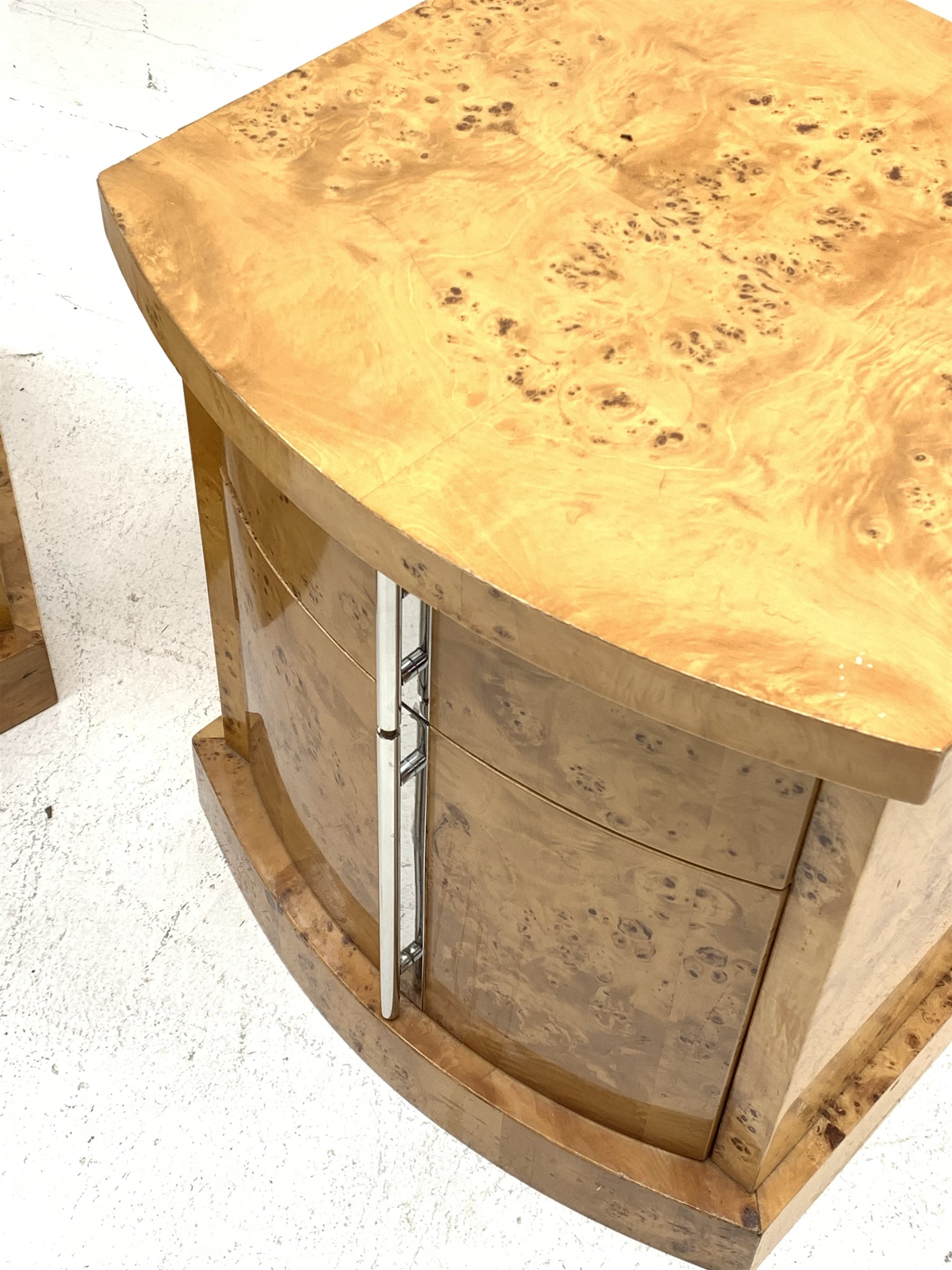 Pair Art Deco style figured maple bow front bedside cabinets, two drawers fitted with polished metal handles, W50cm, H54cm, D49cm
