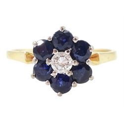 Gold sapphire and diamond flower head cluster ring, single round brilliant cut diamond sur...