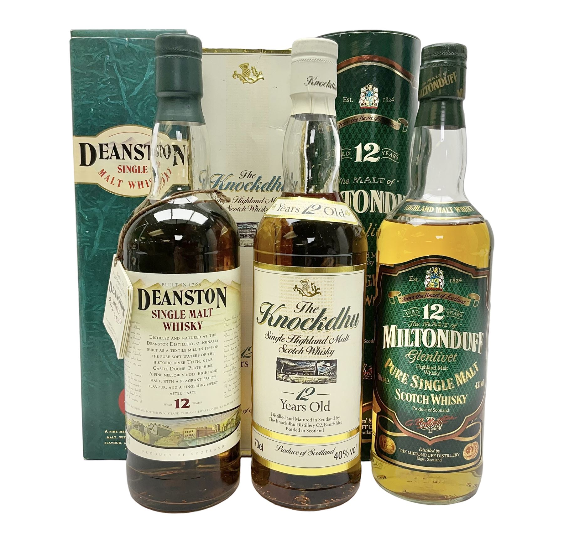 Knockdhu, 12 year old, single malt Scotch whisky, 70cl, 40% vol, Miltonduff, 12 year old, single malt Scotch whisky, 70cl, 43% vol and Deanston, 12 year old, single malt Scotch whisky, 70cl, 40% vol (3)