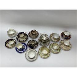 A group of Victorian tea cups and saucers, to include a Derby example decorated in the Imari pallet, a Spode faceted example decorated in gilt with Greek key border and oak leaves, a matched bat printed example, with bute shaped cup, possibly Spode, an example decorated in the Worcester style with reserves of exotic birds and flowers, a Worcester willow pattern example with ring handle cup, etc. 