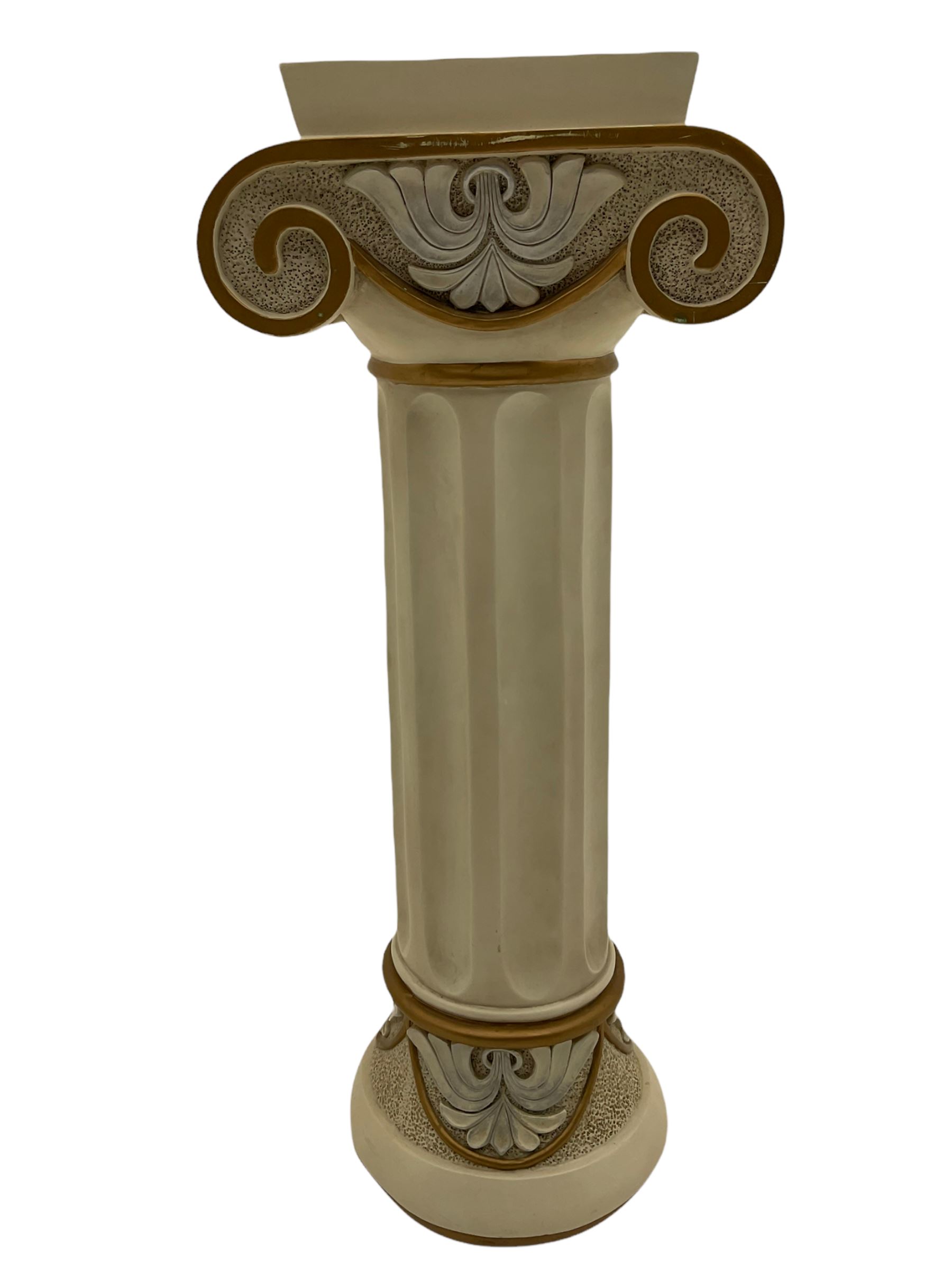 Classical Ionic style column in white finish with scrolled capital, fluted body on moulded plinth base (H97cm), and a similar small column stand (H68cm)