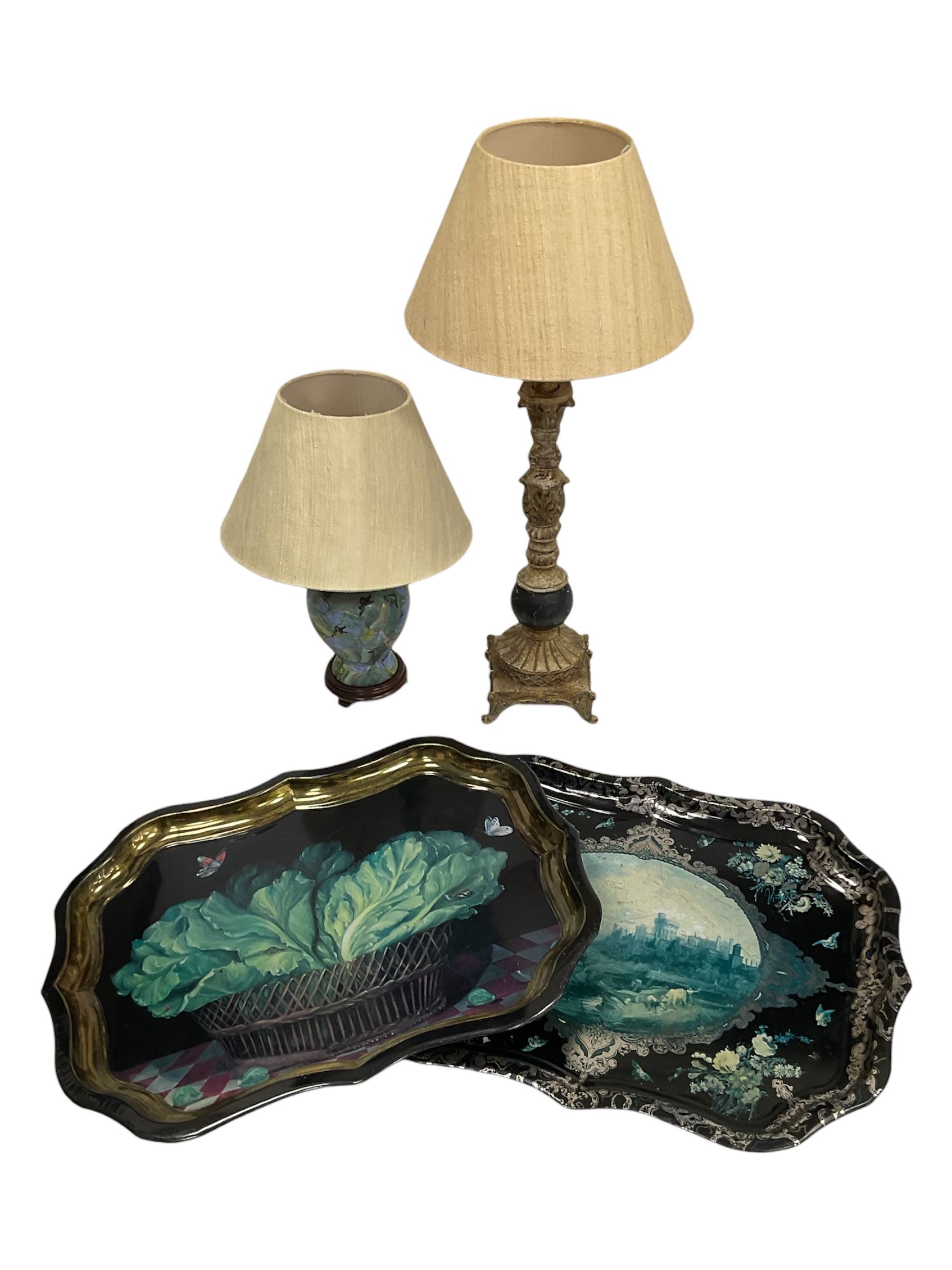Two lamps and two reproduction papier mache style trays
