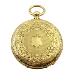 Continental 18ct gold ladies pocket watch, key wound stamped 18K, in velvet and silk lined case