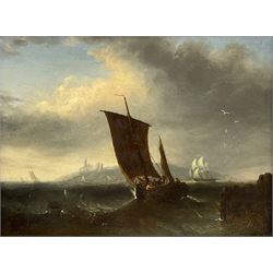 Henry Redmore (British 1820-1887): Sailing Boat and Shipping off Dunstanburgh Castle, oil on panel signed and dated 1870, 20cm x 28cm