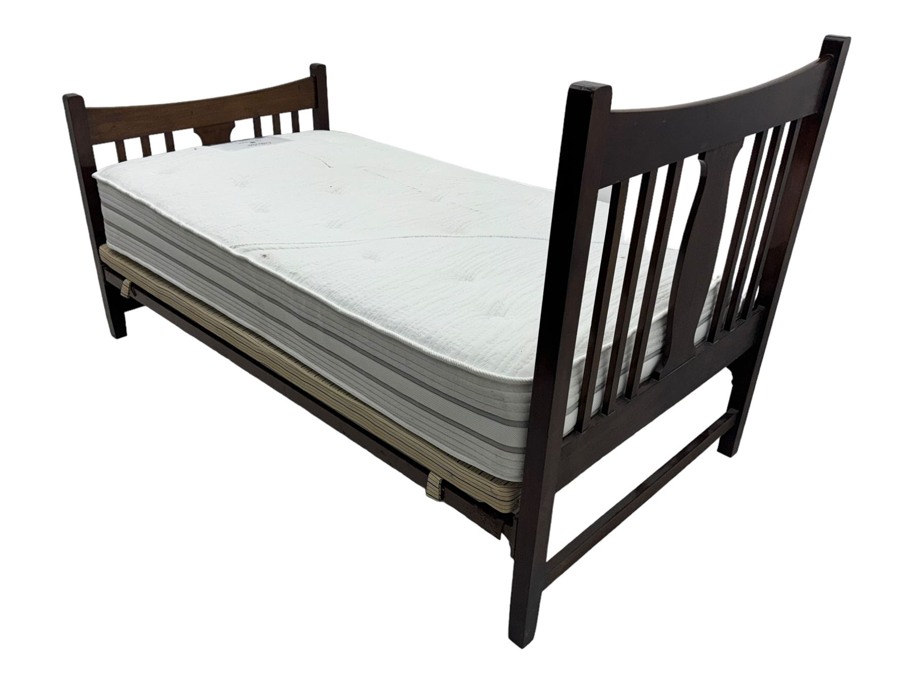 Edwardian inlaid mahogany 3' single bedstead, with headboard, footboard, wooden base and metal side supports; Giltedge 'Astrid 3000' pocket sprung mattress (L190cm, W104cm, D27cm)