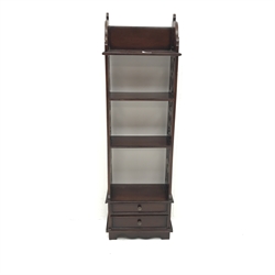 Narrow mahogany open bookcase with two drawers, W34cm, H111cm, D20cm