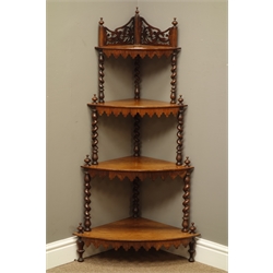 Victorian rosewood corner whatnot, fret work pediment with turned finials, four tiers with barley twist supports, W64cm, H125cm  