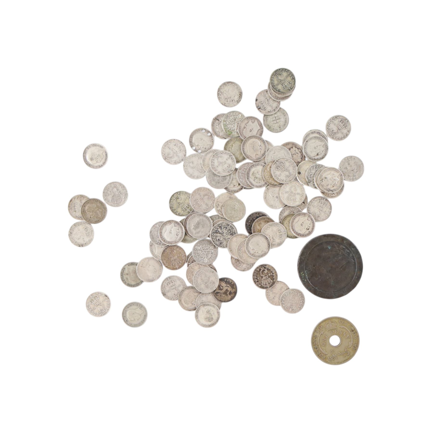Approximately 114 grams of Great British pre-1920 and approximately 52 grams of Great Brtish pre-1947 silver threepence coins, together with a cartwheel twopence and four further coins
