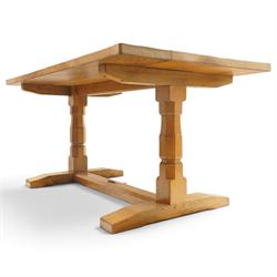 Lizardman - 5' oak refectory dining table, rectangular adzed top, octagonal turned supports united by stretcher with carved lizard signature, by Derek Slater of Crayke
