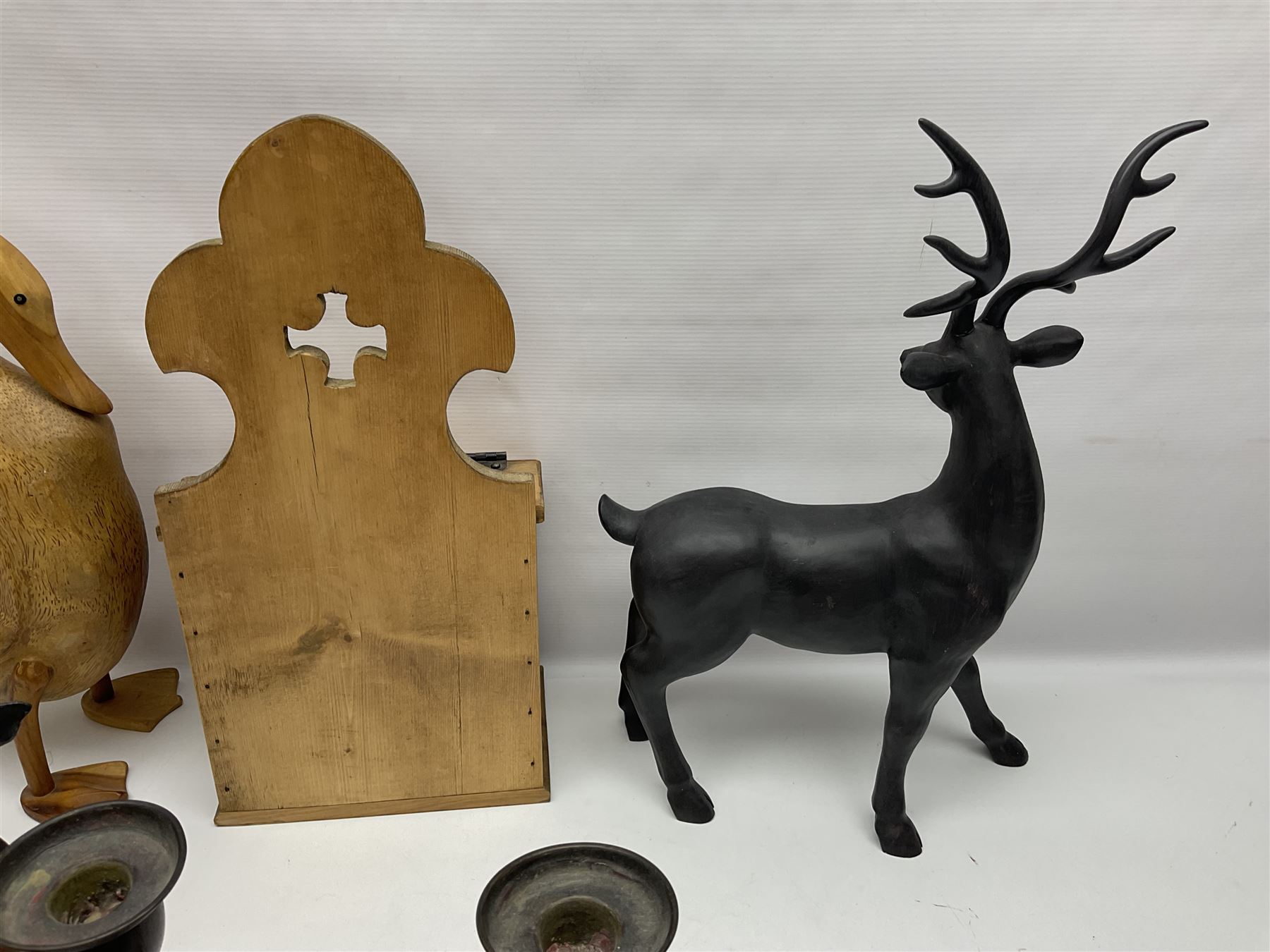 Wooden candle box, together with two barley twist candlesticks, carved duck and other collectables 