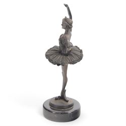 Bronzed figure of a ballerina, signed Chiparis to base, upon circular marble plinth, H32cm