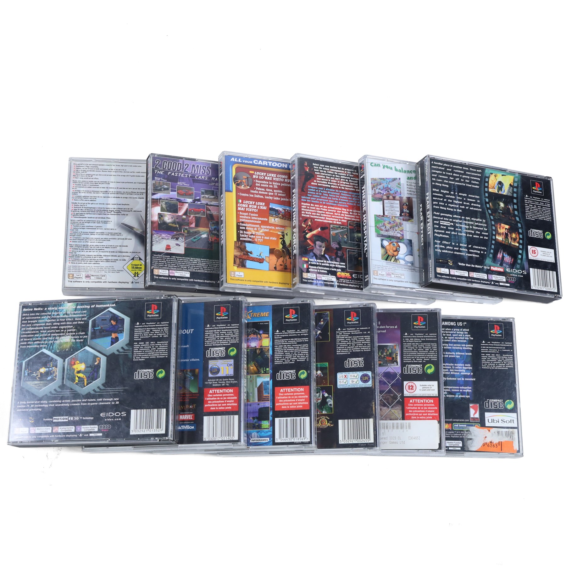 Twelve Sony Playstation 1 games, comprising Theme Hospital, Fear Effect, Fear Effect 2, Roswell Conspiracies, Spider-Man, Best of Infogrames Action Man, Need For Speed II, Machine Hunter, Area 51, Lucky Luke, Agile Warrior F-IIIX and Fighting Force
