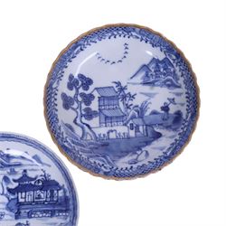 Two 19th century Chinese blue and white tea bowls, each decorated with traditional landscapes, together with two similar saucers, tea bowl H5cm, D9cm  