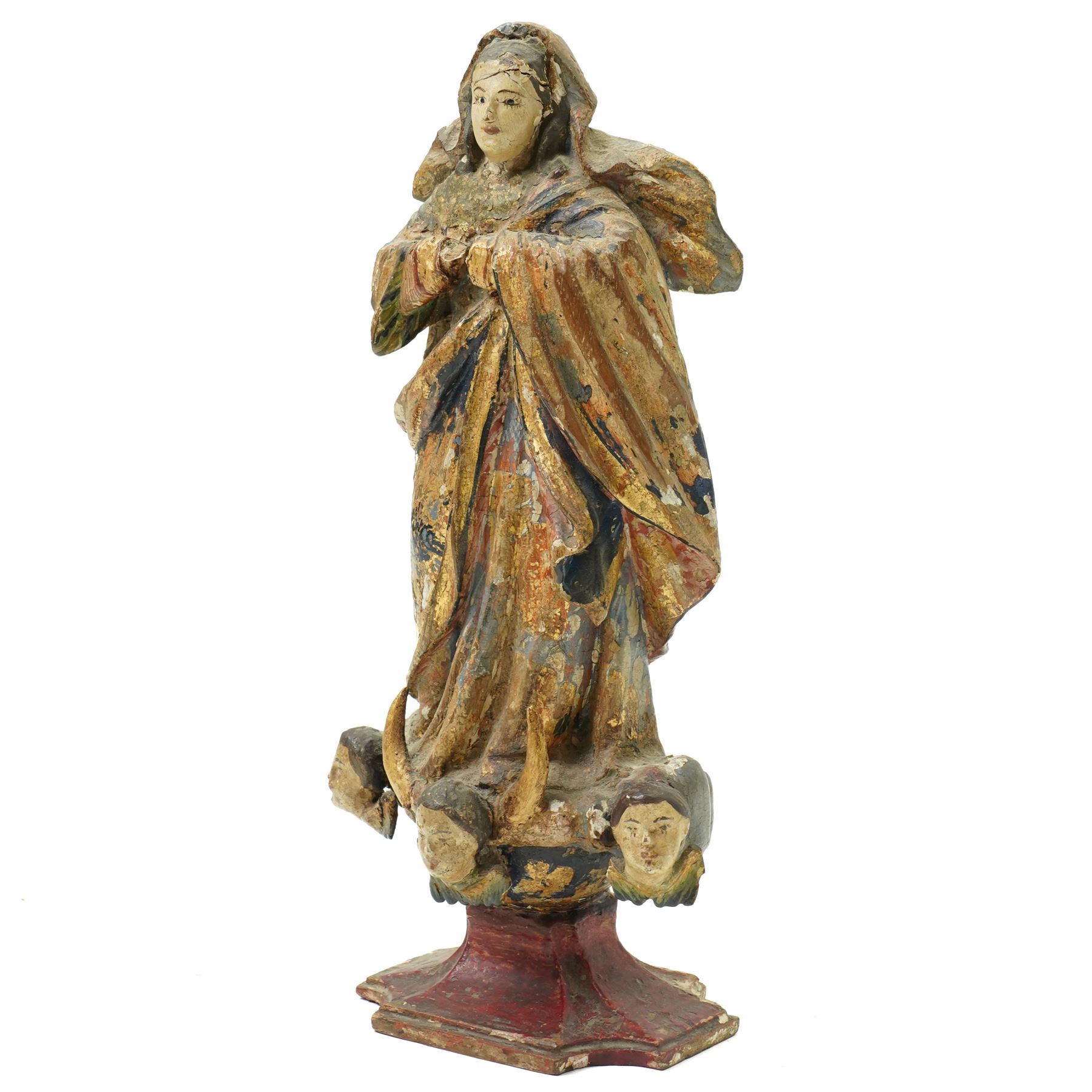 18th century Spanish Colonial Andean polychrome painted and carved giltwood figure of the Virgin of the Immaculate Conception, standing in prayer upon a crescent moon and cherub heads H29cm