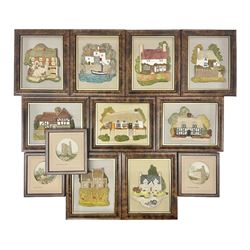 Nine Lilliput Lane framed wall plaques, including Fell View, Battleview, Catslide Cottage, Ashdown Hall and Shannon's Bank, together with three smaller circular framed Lilliput Lane plaques