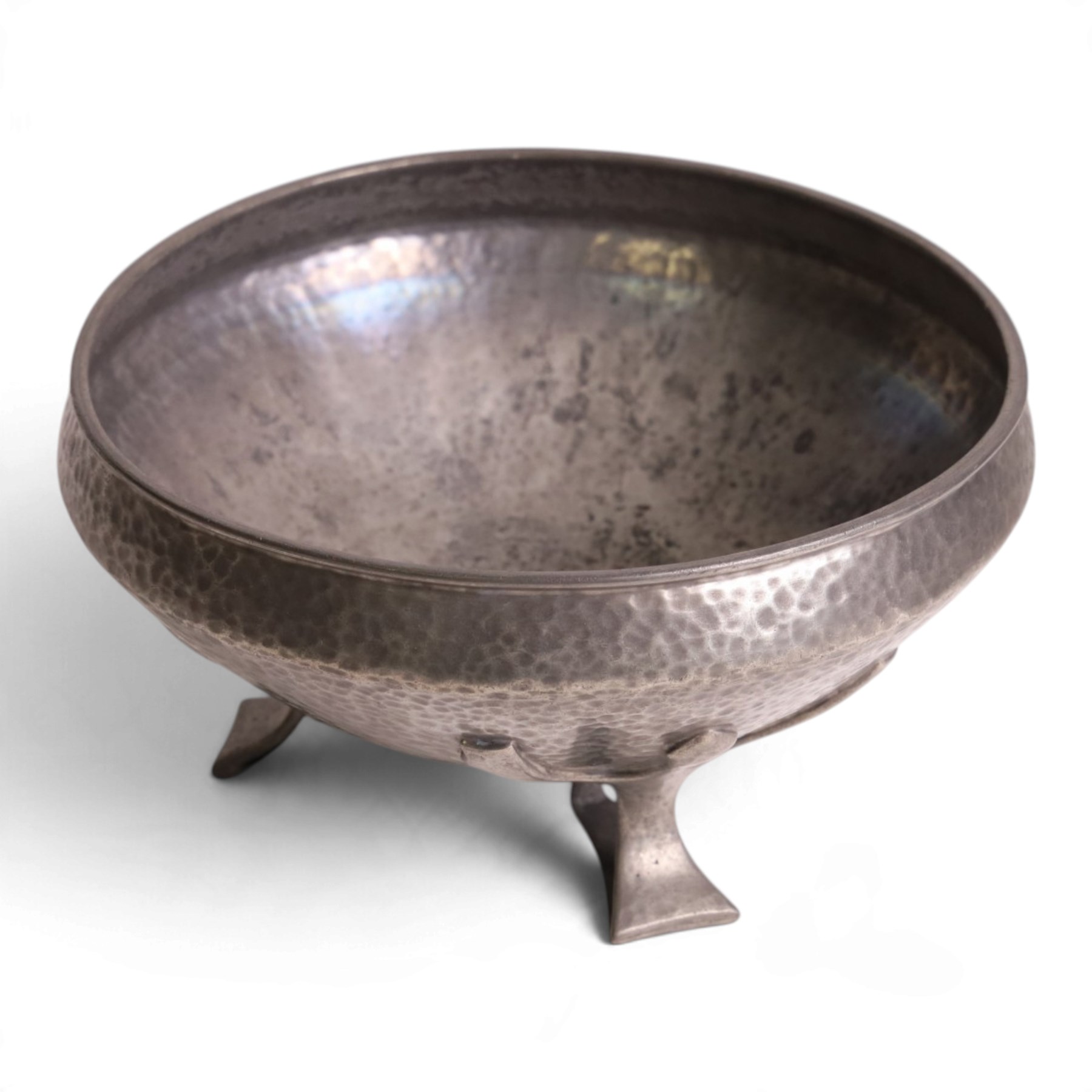 Oliver Baker for Liberty & Co - Tudric pewter bowl with hammered finish, upon three openwork feet, model number 01128 and makers marks stamped beneath, H10cm, D19cm