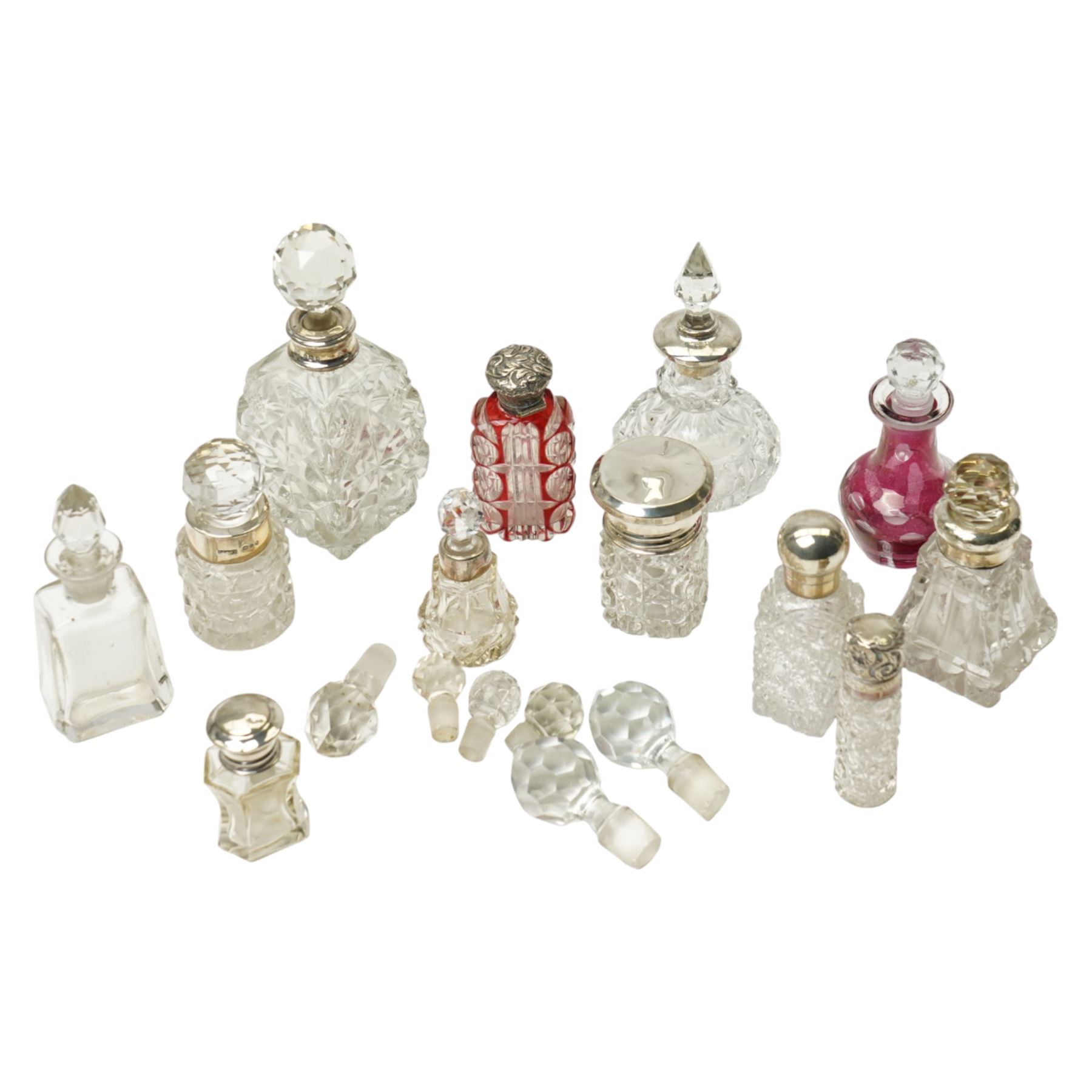 Collection of silver mounted glass scent flasks etc