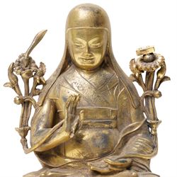 Tibeto-Chinese gilt bronze Buddha or Tsongkhapa figure, H24cm  