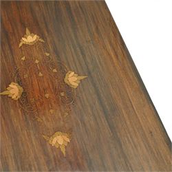 Pair of late 19th century colonial hardwood and brass inlaid chests, each rectangular with hinged top and brass strapping, floral and urn pattern inlay to the panels, with pierced brass side handles, fitted baize-lined butlers tray