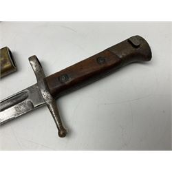 Italian Model 1891 bayonet with 30cm fullered blade; the crosspiece marked 'TERNI'; in associated brass and leather scabbard L43cm overall; and Knights Templar (?) short blade sword (no scabbard) (2)